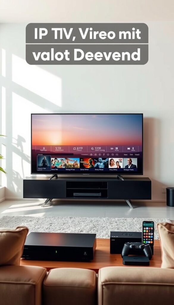 A contemporary living room with a sleek IPTVANBIETERTV smart TV as the focal point. The TV is surrounded by a range of compatible devices, including a high-end gaming console, a streaming media box, and a smartphone, all seamlessly integrated. The room is bathed in warm, natural lighting, accentuating the modern, minimalist decor. The overall atmosphere conveys a sense of technological harmony and immersive entertainment, perfectly suited for the "IPTV mit Video on Demand" experience.