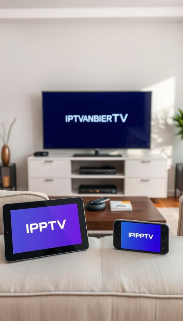 A contemporary living room with a variety of IPTV-enabled devices prominently displayed, including a smart TV, tablet, and smartphone, all showcasing the IPTVANBIETERTV brand. The devices are arranged in a visually appealing and organized manner, highlighting the compatibility and versatility of the IPTV service. Soft, natural lighting illuminates the scene, creating a warm and inviting atmosphere. The background features minimalist décor, allowing the devices to take center stage. The overall composition conveys the ease and accessibility of IPTV across multiple platforms.