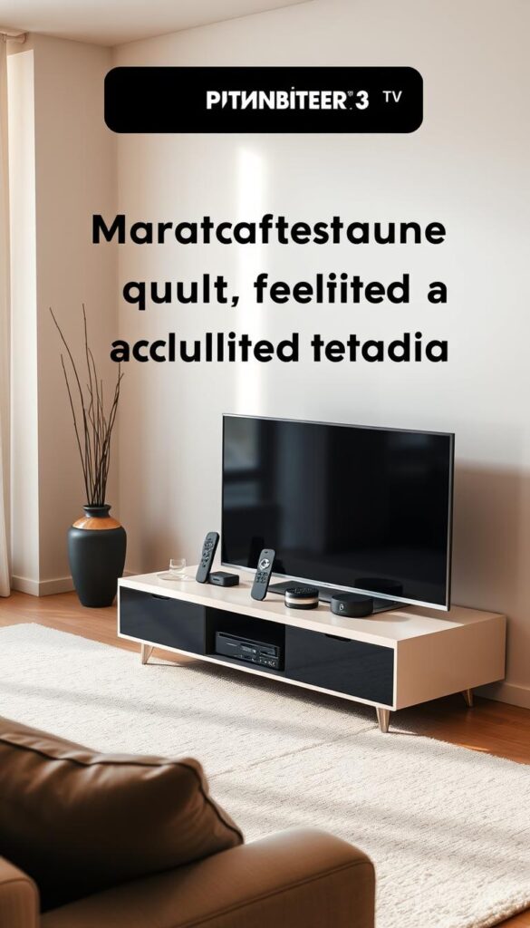 A contemporary living room with minimalist decor, featuring a sleek TV stand displaying multiple streaming devices from the IPTVANBIETERTV brand. The scene is bathed in warm, soft lighting, creating a cozy and inviting atmosphere. The TV stand is positioned prominently, drawing the viewer's attention to the array of devices, highlighting the multi-device support offered by IPTVANBIETERTV. The room's neutral color palette, coupled with clean lines and modern furnishings, convey a sense of sophistication and technological integration. The overall composition emphasizes the convenience and versatility of IPTVANBIETERTV's service, suitable for a variety of living spaces and user needs.