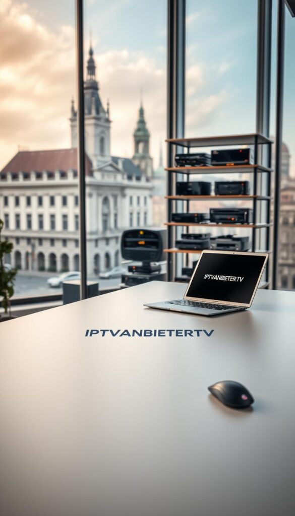 A contemporary office space with large windows overlooking the cityscape of Munich. A sleek, minimalist desk in the foreground features a laptop, a wireless mouse, and the IPTVANBIETERTV logo prominently displayed. The middle ground showcases shelves filled with advanced media equipment, hinting at the technological prowess of the IPTV provider. In the background, the iconic architecture of Munich's historical buildings can be seen through the windows, creating a harmonious blend of modern and traditional elements. The lighting is soft and warm, evoking a professional and trustworthy atmosphere. The overall composition conveys the leading position of IPTVANBIETERTV as the premier IPTV provider in Germany.