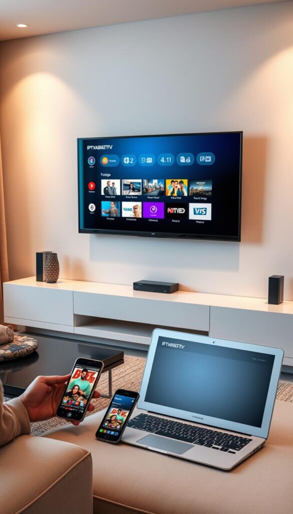 A contemporary, sleek living room with a large flatscreen TV mounted on the wall, showcasing the IPTVANBIETERTV user interface. Various smart devices such as smartphones, tablets, and a laptop are seamlessly connected, illustrating the flexibility of IPTV on multiple devices. The room is bathed in warm, diffused lighting, creating a cozy and inviting atmosphere. The overall scene conveys the convenience and versatility of IPTV, allowing users to enjoy their content across a range of devices in their everyday lives.
