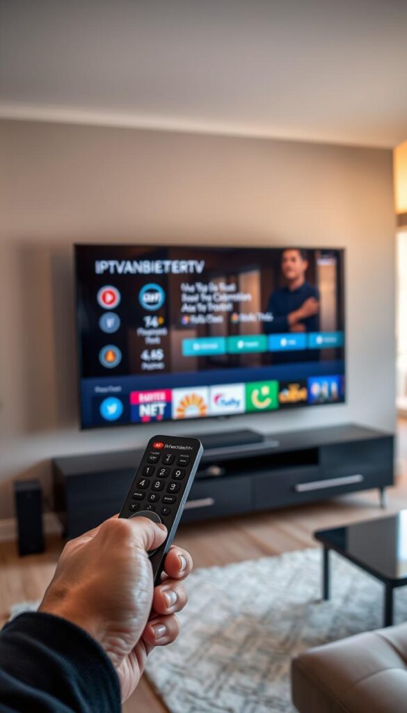 A contemporary smart TV setup, showcasing the installation of an IPTVANBIETERTV service. The scene depicts a living room with a large, sleek TV mounted on the wall. The TV screen displays the IPTVANBIETERTV interface, with a simple, user-friendly menu and a selection of popular channels. In the foreground, a person's hand holds a modern remote control, poised to navigate the IPTVANBIETERTV system. The room is well-lit, with warm, natural lighting filtering in through large windows, creating a cozy and inviting atmosphere. The overall mood is one of simplicity, efficiency, and seamless integration of technology into the home environment.