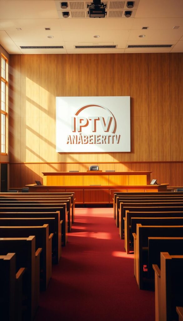 A courtroom interior with a judge's bench, a witness stand, and rows of wooden benches for the audience. Sunlight streams in through large windows, casting warm shadows across the room. A large "IPTVANBIETERTV" logo is prominently displayed on the wall behind the judge's bench, indicating the legal context of the scene. The atmosphere is one of seriousness and deliberation, with a sense of tension and uncertainty surrounding the legal status of IPTV in Germany. The composition emphasizes the grandeur and solemnity of the judicial setting, inviting the viewer to consider the complex legal issues at play.