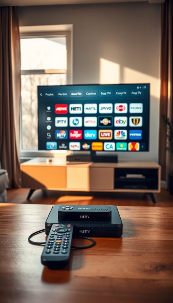 A cozy and modern living room, featuring a sleek, minimalist TV stand displaying an array of German IPTV channels on a high-definition display. The room is bathed in warm, natural lighting that filters through large windows, creating a comfortable and inviting atmosphere. In the foreground, a neatly organized selection of remote controls and streaming devices, including the "IPTVANBIETERTV" brand, sit on a polished wooden coffee table. The middle ground showcases a selection of familiar German TV channel logos, each prominently displayed on the screen, while the background incorporates soft, blurred elements that suggest a sense of sophistication and refinement.