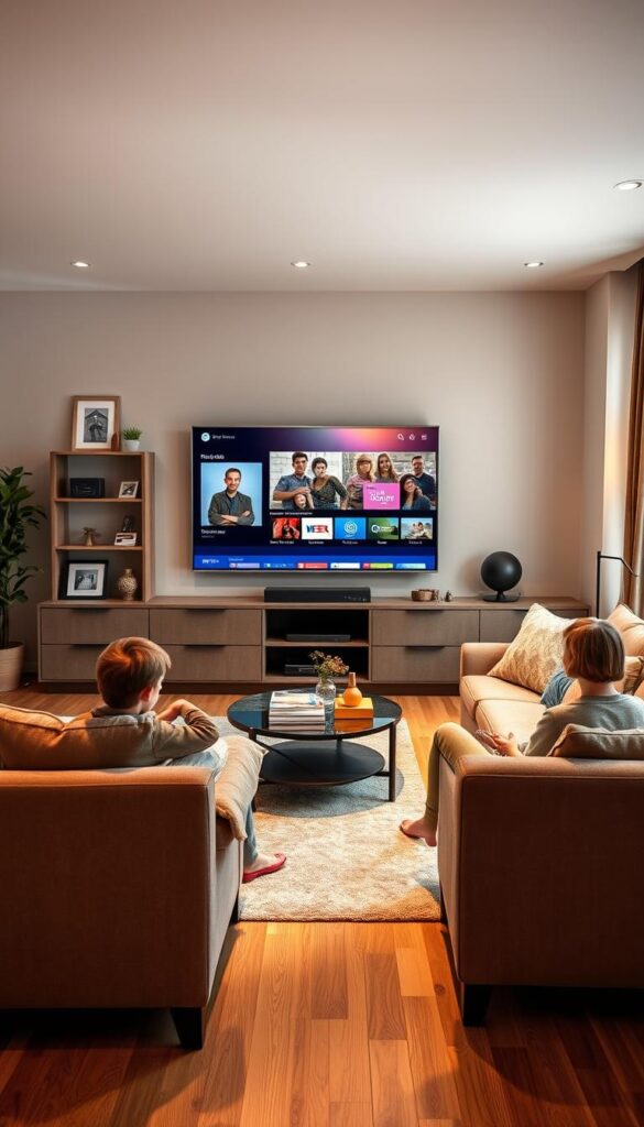 A cozy family living room, bathed in warm, soft lighting. A large, sleek IPTVANBIETERTV smart TV dominates the center, its crystal-clear display showcasing the vibrant colors of a family-friendly IPTV Deutschland interface. Plush, comfortable sofas and armchairs invite relaxation, while a tasteful selection of framed family photos and decorative elements add a personal touch. The room's neutral color palette and natural accents create a welcoming, inviting atmosphere, perfect for a family to gather and enjoy the rich content and entertainment options of IPTV Deutschland.