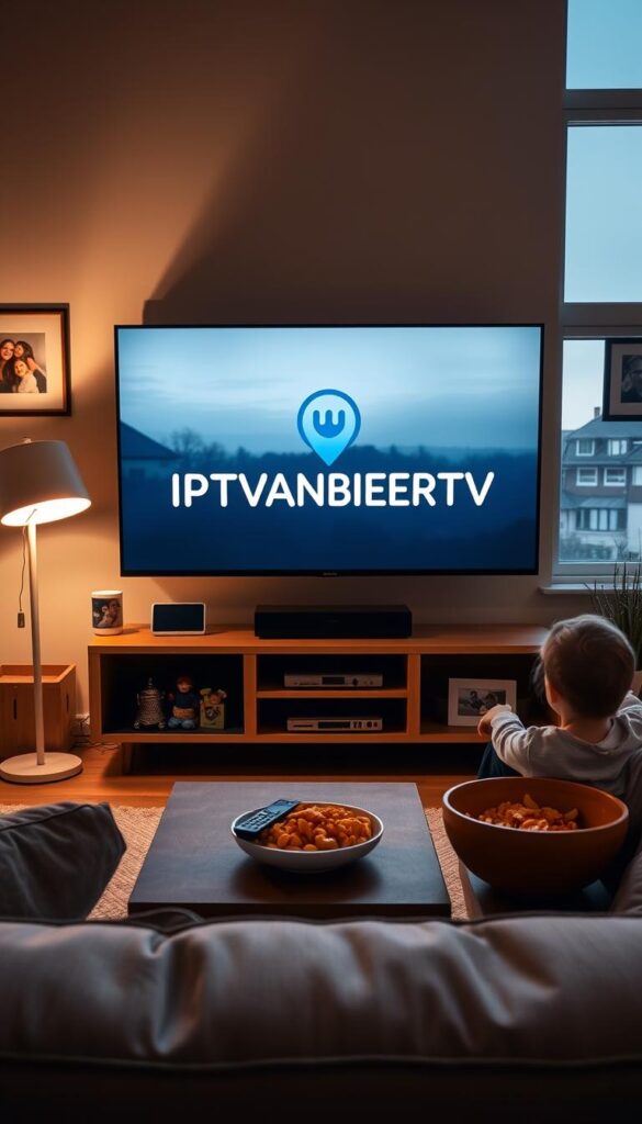A cozy family living room with a large flat-screen TV displaying the IPTVANBIETERTV logo. Soft lighting from a floor lamp casts a warm glow, creating a relaxed and inviting atmosphere. On the coffee table, a remote control and a bowl of snacks suggest a comfortable evening of family entertainment. The walls are adorned with framed family photos, giving the space a personal touch. Through the window, a scenic view of a peaceful suburban neighborhood can be seen. The overall composition conveys the idea of IPTV as an ideal solution for German families seeking high-quality, convenient home entertainment.