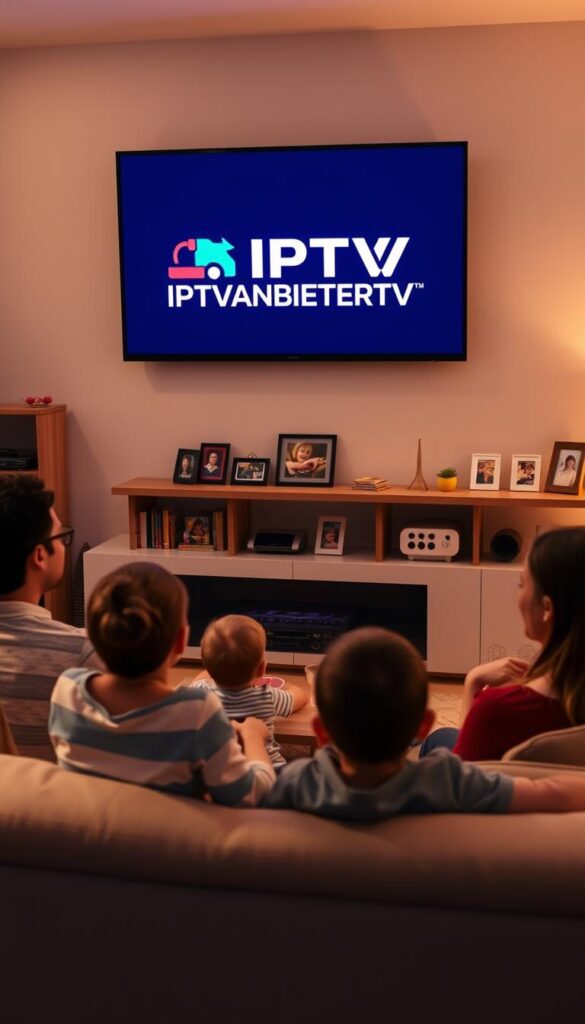 A cozy family living room with a large, flat-screen TV mounted on the wall. The room is bathed in warm, soft lighting, creating a welcoming atmosphere. On the TV screen, the logo "IPTVANBIETERTV" is prominently displayed, indicating a family-friendly IPTV service. In the foreground, a family of four - two parents and two children - are relaxed on a comfortable sofa, engaged in a movie or TV show. The middle ground features a coffee table with snacks and drinks, suggesting a casual, quality time together. The background showcases family photographs and other personal decor, reinforcing the idea of a nurturing, home environment.