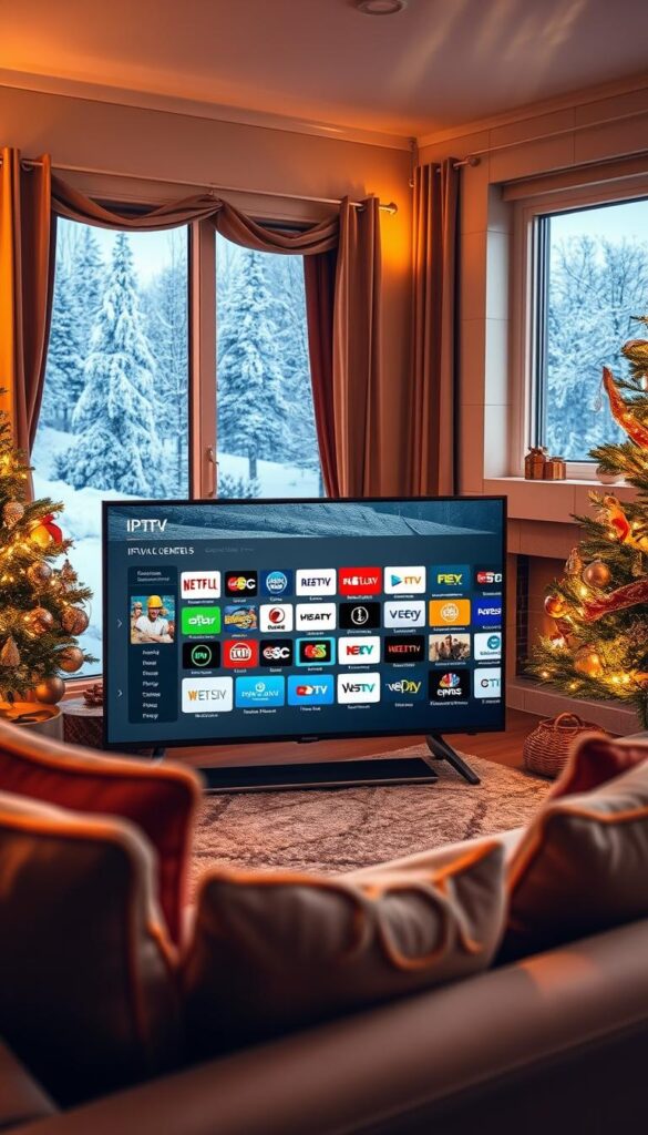 A cozy, festive scene showcasing the holiday IPTV offers from IPTVANBIETERTV. In the foreground, a warm, inviting living room with a plush sofa, a crackling fireplace, and a twinkling Christmas tree adorned with shimmering ornaments. Soft, golden lighting casts a glow throughout the space, creating a serene and relaxing atmosphere. In the middle ground, a sleek, modern television displays the impressive selection of IPTV channels and on-demand content available from IPTVANBIETERTV, highlighting their unbeatable prices and vast library of entertainment options. The background features a snowy, winter landscape visible through the window, adding to the overall festive and comforting ambiance. The composition should convey the reliability, quality, and value that IPTVANBIETERTV provides for the ultimate holiday viewing experience.