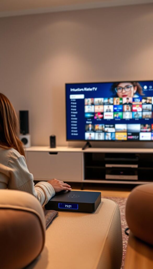 A cozy home entertainment setup with a sleek IPTVANBIETERTV box, surrounded by modern electronics. Soft, indirect lighting illuminates the scene, creating a warm and inviting atmosphere. The user is intuitively navigating the intuitive IPTVANBIETERTV interface on a large, high-definition display, seamlessly accessing a vast library of content. In the background, a minimalist entertainment center blends harmoniously with the overall design. The entire setup conveys a sense of effortless convenience and technological sophistication, perfectly capturing the simplicity of the IPTVANBIETERTV installation process.