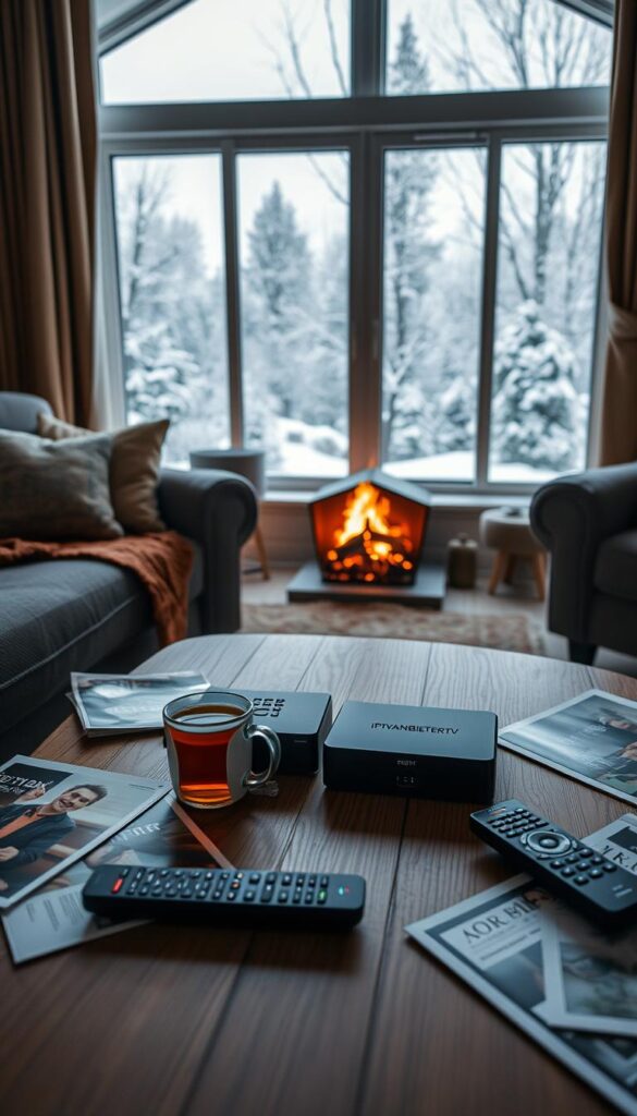 A cozy home interior with a comfortable sofa, a warm fireplace, and a large window overlooking a snowy landscape. On the coffee table, an IPTVANBIETERTV branded device sits next to a cup of hot tea, surrounded by scattered magazines and remotes. The lighting is soft and inviting, creating a relaxing atmosphere. The overall scene conveys the experience of a user enjoying IPTV in the comfort of their own home.