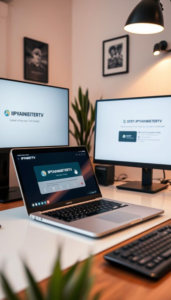 A cozy home office setup with a laptop and PC display, showcasing the process of setting up IPTVANBIETERTV on the computer. The scene is well-lit, with a warm, inviting atmosphere. The laptop screen displays the IPTVANBIETERTV interface, guiding the user through the installation steps. The background features a minimalist decor, with a potted plant and a few personal touches, creating a professional yet comfortable environment. The camera angle captures the setup from a slightly elevated perspective, highlighting the user's interaction with the technology. The overall composition emphasizes the ease and simplicity of the IPTVANBIETERTV setup process on a PC.