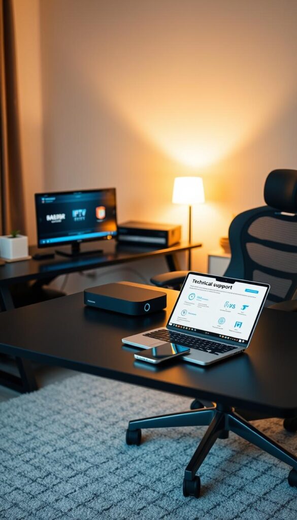 A cozy home office setup with a sleek black desk, modern ergonomic chair, and a high-end IPTVANBIETERTV streaming device prominently displayed. The room is bathed in warm, soft lighting, creating a welcoming and productive atmosphere. On the desk, a laptop is open, showcasing technical support information, while a mobile phone is within reach, ready to assist with any IPTV setup questions. The background features minimalist decor, allowing the IPTV device to take center stage. The overall scene conveys the ease and simplicity of IPTV installation, ready to provide seamless entertainment and technical support.