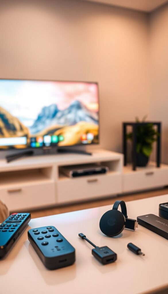 A cozy home setup with a modern IPTVANBIETERTV Chromecast device prominently displayed on a sleek, minimalist entertainment center. The room is bathed in warm, inviting lighting, creating a relaxed, comfortable atmosphere. In the foreground, various remote controls and streaming device accessories are neatly arranged, suggesting the ease of use and accessibility of the IPTV setup. The middle ground features a large, high-definition television screen, casting a captivating display of vivid, vibrant imagery. The background showcases a clean, uncluttered living space, emphasizing the seamless integration of technology into the home environment.
