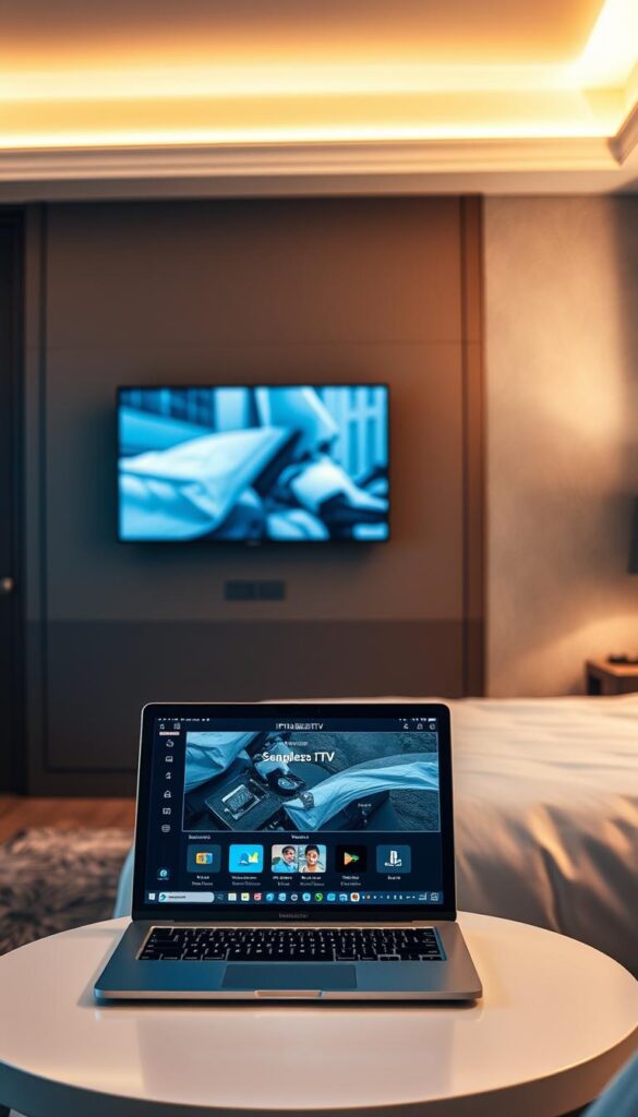 A cozy hotel room with a sleek, modern IPTV installation. The TV is mounted on the wall, surrounded by clean lines and subtle lighting. In the foreground, a laptop or tablet sits on a minimalist side table, showcasing the IPTVANBIETERTV interface. The middle ground features plush bedding and comfortable furnishings, creating an inviting atmosphere. The background blends seamless wallpaper and architectural details, conveying a sense of luxury and sophistication. The lighting is warm and soft, casting a gentle glow across the scene. The overall composition evokes a welcoming, tech-savvy hotel experience.