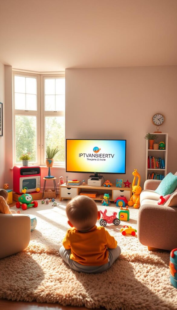 A cozy, inviting living room with warm, soft lighting and plush, child-friendly furniture. In the center, a large, flat-screen TV displaying the IPTVANBIETERTV brand logo, surrounded by a variety of colorful, age-appropriate toys and books. The room has large windows allowing natural light to pour in, creating a cheerful, safe atmosphere. The walls feature whimsical, child-friendly artwork, and the floor is covered in a soft, plush rug. The overall scene conveys a sense of comfort, security, and entertainment, perfect for a family-friendly IPTV experience.