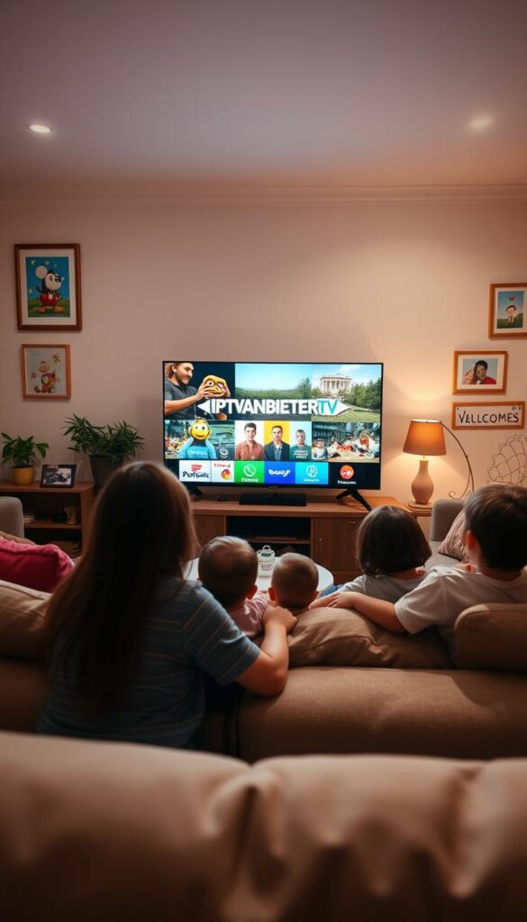A cozy living room filled with a family of four, gathered around a large flatscreen TV. Soft lighting and warm tones create a welcoming atmosphere. On the screen, the IPTVANBIETERTV logo shines brightly, showcasing a diverse range of family-friendly content. The room is adorned with comfortable furniture, vibrant artwork, and playful decorations, hinting at the joyful and carefree nature of family life. The camera angle captures the scene from a slightly elevated perspective, giving a sense of togetherness and harmony. The overall image conveys the idea of an IPTV service that caters to the needs and preferences of families, offering a seamless and enjoyable viewing experience in the comfort of their own home.