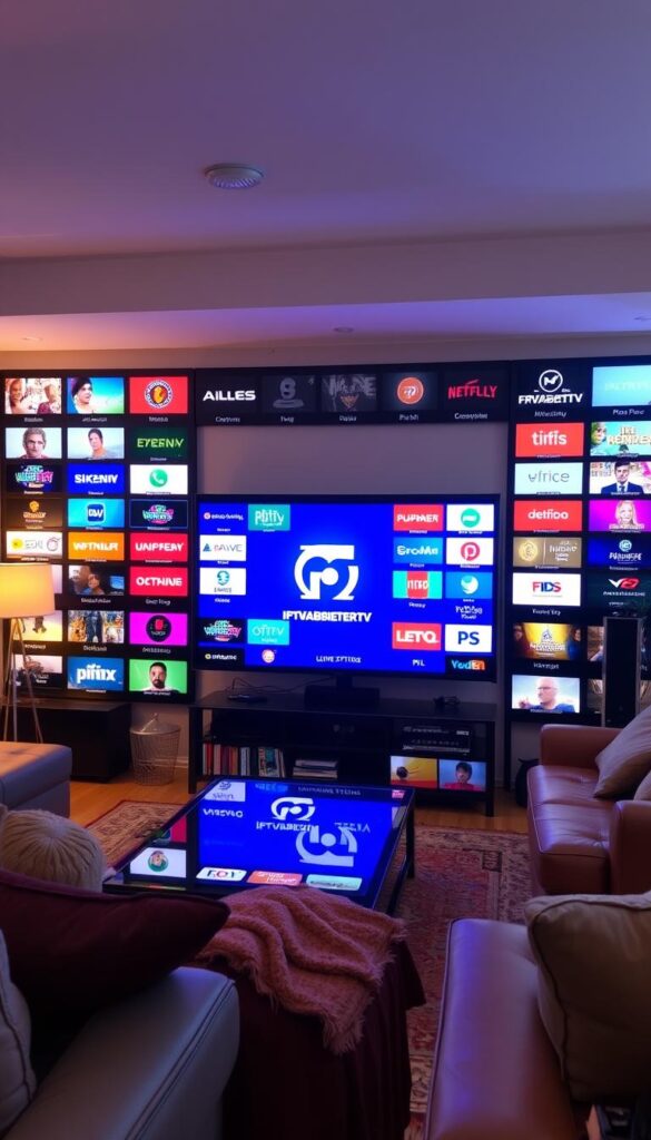 A cozy living room filled with a large flatscreen TV displaying a diverse array of international channels, surrounded by comfortable furniture and warm lighting. The room has a modern, high-tech feel, with the IPTVANBIETERTV logo prominently displayed on the TV screen. The scene conveys a sense of relaxation and entertainment, inviting the viewer to imagine the vast selection of global programming available through the IPTV service in Frankfurt.