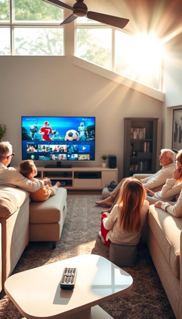 A cozy living room filled with family members relaxing on plush sofas, enjoying the convenience of a "IPTVANBIETERTV" subscription. Sunlight streams through large windows, casting a warm glow across the room. On the television, a vibrant display showcases a diverse array of content, from sports to movies to documentaries. The remote control rests on a sleek, modern coffee table, within easy reach. An atmosphere of comfort and entertainment permeates the scene, illustrating the benefits of a cost-effective IPTV package for the entire household.