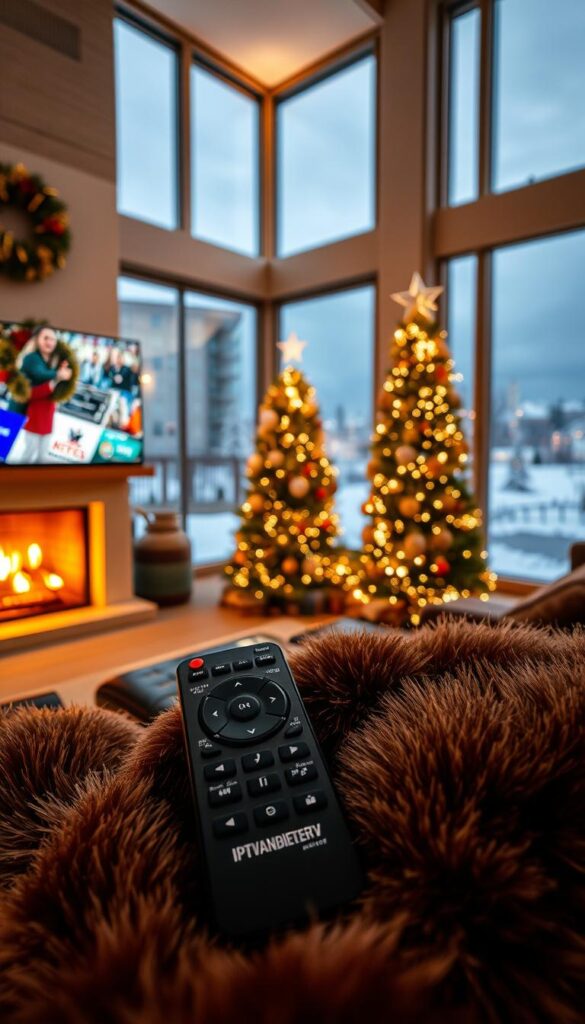 A cozy living room filled with festive decor, a warm fireplace, and a large HDTV displaying an array of IPTV channels. The room is bathed in a soft, golden light, creating a inviting and relaxing atmosphere. In the foreground, a sleek, modern remote control with the IPTVANBIETERTV logo sits on a plush, fur-lined throw. The middle ground features a Christmas tree adorned with twinkling lights and ornaments, while the background showcases a snow-covered landscape visible through large, panoramic windows. The overall scene conveys the comfort and convenience of enjoying a wide variety of entertainment options during the holiday season, thanks to the services of IPTVANBIETERTV.
