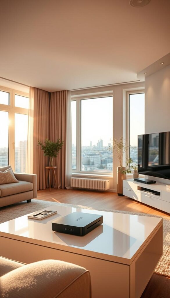 A cozy living room in Berlin, filled with the warm glow of natural light streaming through large windows. On the sleek, modern entertainment center, an IPTVANBIETERTV set-top box stands ready, surrounded by a minimalist, Scandinavian-inspired decor. The room exudes a sense of relaxation and comfort, inviting the viewer to imagine themselves settling in for an evening of premium IPTV entertainment. The camera captures the scene from a slightly elevated angle, showcasing the elegant, spacious layout and the city skyline visible in the distance through the windows.