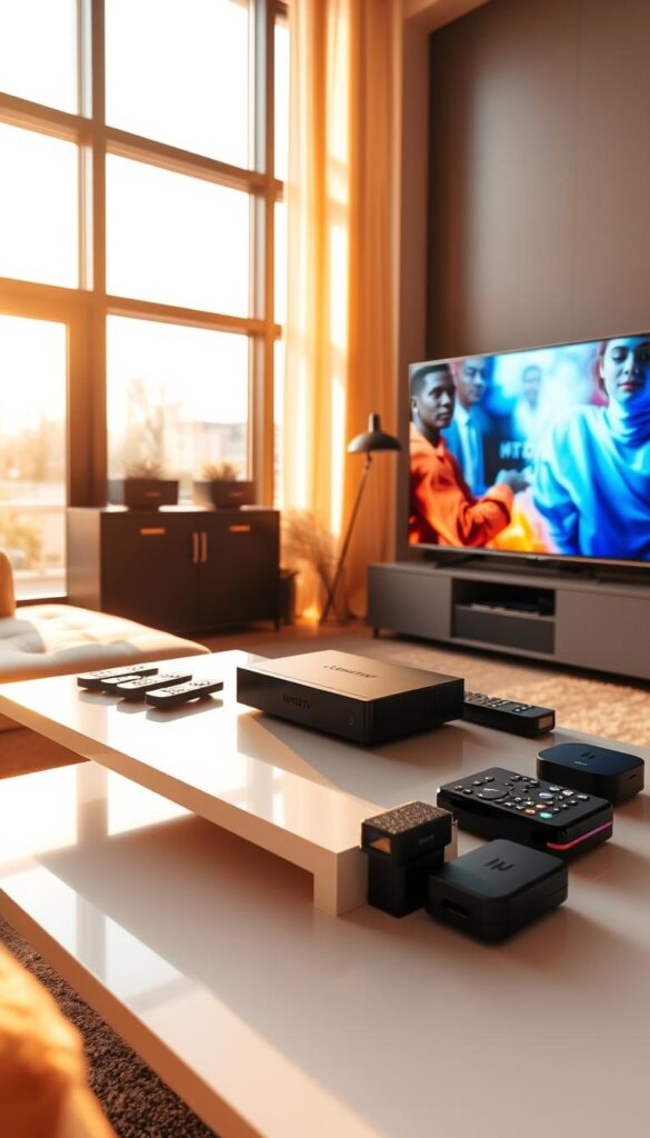 A cozy living room in Frankfurt, Germany, bathed in warm, golden light from large windows. On the sleek, modern TV stand, an IPTVANBIETERTV box sits prominently, surrounded by various remote controls and streaming devices. The room is filled with plush, comfortable seating, and a large, high-definition TV screen dominates the space, showcasing vibrant, crystal-clear IPTV content. The atmosphere is one of relaxation and entertainment, with the IPTV setup seamlessly integrated into the stylish, contemporary decor. The overall scene conveys the convenience and enjoyment of IPTV in the Frankfurt area.