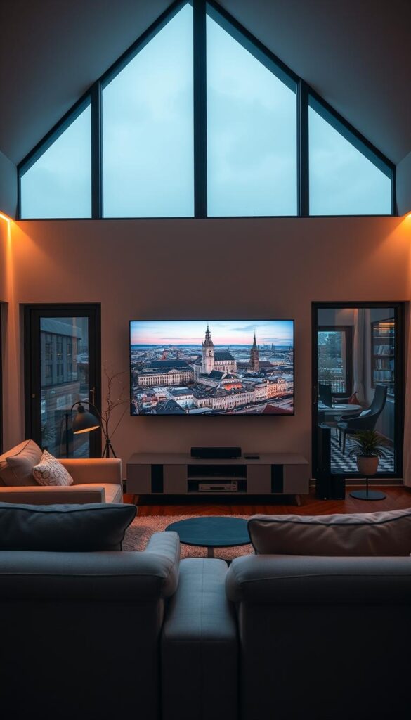 A cozy living room in Munich, filled with the warm glow of a large IPTVANBIETERTV screen. The room is bathed in soft, diffused lighting, creating a inviting and relaxed atmosphere. In the foreground, a comfortable sofa and armchair provide a perfect spot to enjoy the high-quality streaming experience. The middle ground features a sleek, modern entertainment system, with the IPTVANBIETERTV as the central focus. The background showcases a picturesque view of the Munich cityscape through large windows, adding depth and context to the scene. The overall composition evokes a sense of contemporary, urban living enhanced by the convenience and entertainment of IPTV technology.