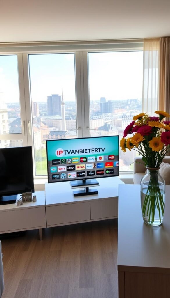 A cozy living room in a modern German apartment, filled with natural light streaming through large windows overlooking a bustling city skyline. On the TV stand, the IPTVANBIETERTV logo shines brightly, showcasing a diverse selection of international channels catering to the needs of expats. The room is tastefully decorated with subtle nods to German culture, such as a small Berlin landmark figurine and a vase of vibrant wildflowers. The overall atmosphere is one of comfort, convenience, and a sense of being connected to the homeland, even from afar.