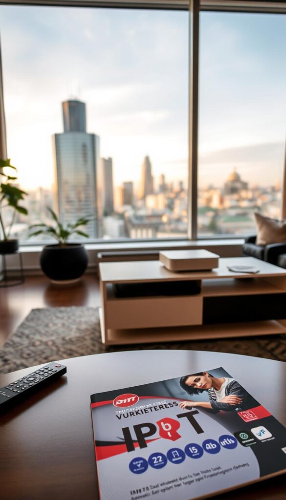 A cozy living room in a modern German apartment, with large windows overlooking the skyline of Frankfurt. On a sleek, minimalist entertainment center, an IPTVANBIETERTV set-top box stands prominently, its clean, minimalist design complementing the room's decor. The lighting is soft and warm, creating a relaxed, inviting atmosphere. A coffee table in the foreground holds a remote control and a glossy brochure showcasing the IPTV packages available, the text "Günstiges IPTV Frankfurt" clearly visible. The overall scene conveys a sense of comfortable, affordable IPTV enjoyment in the heart of the vibrant city.