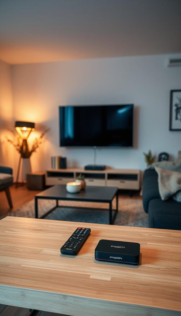 A cozy living room in a modern German household, with a large flatscreen TV prominently displayed. Soft, warm lighting illuminates the space, creating a inviting atmosphere. The room is decorated with minimal, Scandinavian-inspired furnishings, hinting at a tech-savvy, discerning homeowner. In the foreground, a remote control and a small IPTVANBIETERTV device sit on a sleek, wooden coffee table, symbolizing the simplicity of IPTV setup. The walls are adorned with subtle, abstract artwork, suggesting a refined, cultured aesthetic. Overall, the scene conveys a sense of domestic comfort and the effortless integration of IPTV technology into a contemporary German home.