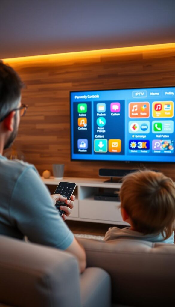A cozy living room interior with a large flat-screen TV mounted on the wall. On the TV screen, a child-friendly IPTV interface is displayed, showcasing colorful icons and intuitive menus for parental controls and kid-friendly content. In the foreground, a parent is using a sleek remote control to navigate the IPTVANBIETERTV system, while their young child watches attentively from a comfortable sofa. The lighting is warm and inviting, creating a sense of safety and security. The overall atmosphere conveys the idea of a family-friendly IPTV experience with robust parental controls and age-appropriate content.