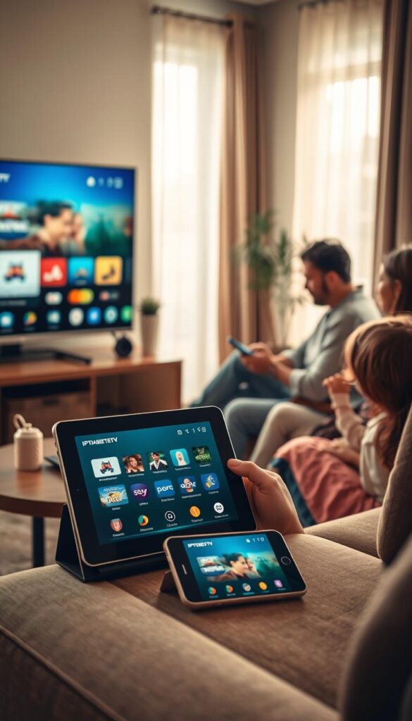 A cozy living room scene with a family enjoying various IPTV devices. In the foreground, a large smart TV displays the IPTVANBIETERTV service interface, its sleek design complementing the modern decor. On a side table, a tablet showcases the same interface, while a family member casually interacts with it. In the background, a smartphone rests on a couch, also running the IPTVANBIETERTV app, its screen illuminating the room's warm, inviting atmosphere. Soft, natural lighting filters through the windows, creating a comfortable and relaxing mood. The composition emphasizes the seamless integration of IPTV technology across multiple devices, catering to the needs of a modern family.