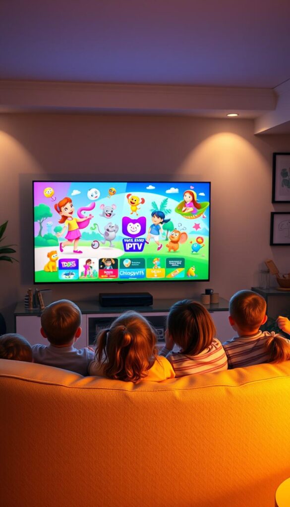 A cozy living room scene with a large family-friendly smart TV displaying colorful and engaging IPTV content for children. The screen shows vibrant animated characters, educational programs, and age-appropriate entertainment. In the foreground, a group of children of various ages sit on a plush sofa, enthralled by the screen. Soft, warm lighting fills the room, and the walls are decorated with family-friendly artwork. IPTVANBIETERTV logo is subtly integrated into the design. The overall atmosphere is inviting, safe, and conducive to quality family time.