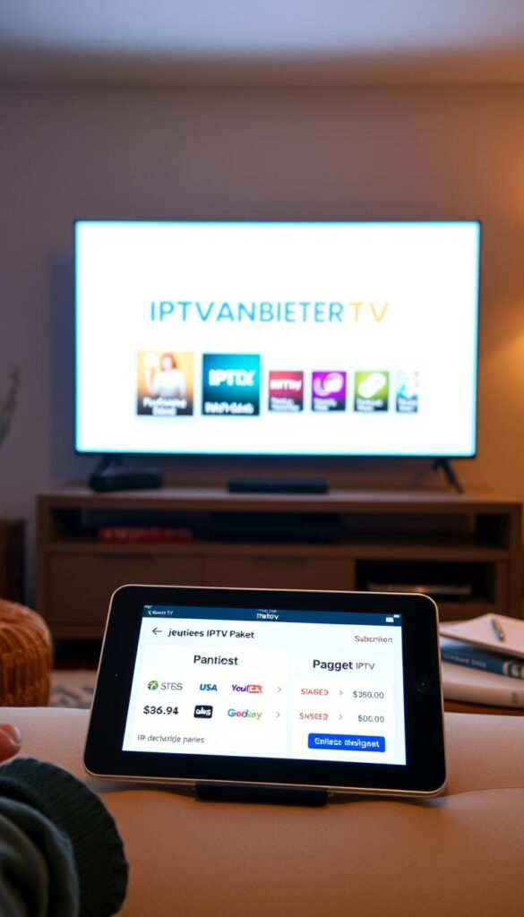 A cozy living room scene with a modern flatscreen TV displaying the IPTVANBIETERTV logo, showcasing an enticing IPTV package with a sleek, minimalist on-screen interface. Soft, warm lighting illuminates the room, creating a welcoming ambiance. In the foreground, a digital device, such as a tablet or smartphone, prominently displays pricing information and subscription details for the "günstiges IPTV-Paket" offering. The composition balances the technological elements with subtle home decor, conveying a sense of convenience and affordability for the IPTV service.