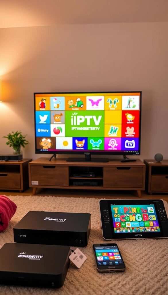 A cozy living room scene with a modern smart TV displaying a vibrant array of children's channels, surrounded by various IPTV streaming devices such as set-top boxes, tablets, and smartphones. The room is well-lit with a warm, inviting ambiance, and the IPTVANBIETERTV logo is prominently displayed on the TV screen. The composition showcases the versatility and accessibility of the IPTV Abonnement Kinderkanäle service, catering to the diverse needs of families and their children.