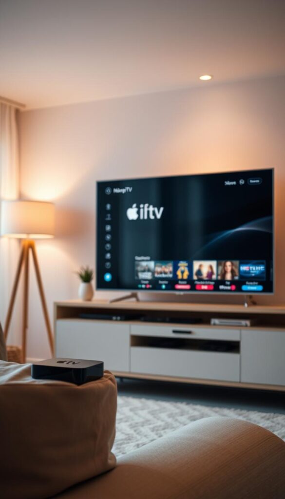A cozy living room scene with a sleek Apple TV device prominently displayed on a modern entertainment stand. The screen shows the IPTVANBIETERTV interface, its intuitive menu and rich content selections. Warm, ambient lighting creates a inviting atmosphere, drawing the viewer's attention to the Apple TV's seamless integration of IPTV technology. The room is decorated with minimalist, Scandinavian-inspired furnishings, reflecting the clean, sophisticated aesthetic of the Apple ecosystem. A large, high-definition flat-screen television dominates the space, showcasing the exceptional visual quality of the IPTV service. The overall composition conveys the effortless convergence of cutting-edge IPTV and the Apple TV platform, creating a harmonious and immersive home entertainment experience.