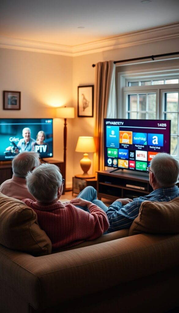 A cozy living room scene with an elderly couple relaxing on a comfortable sofa, focused on a large flat-screen TV displaying a vibrant IPTVANBIETERTV interface. Soft lighting from floor lamps and a window casts a warm glow, creating a sense of contentment. The room is decorated with tasteful, classic furnishings, evoking a refined and welcoming atmosphere. The couple appears engaged, exploring the various IPTV package options tailored for their needs as senior citizens. The scene conveys the ease and convenience of using IPTVANBIETERTV to access a wide range of entertainment and informational content on multiple devices within their home.