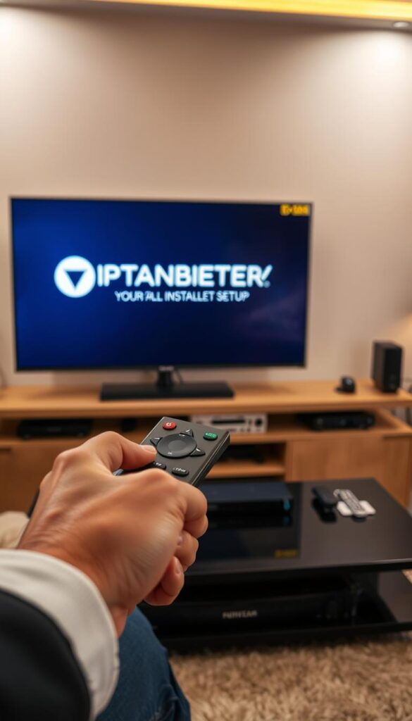 A cozy living room setting, with a modern television display prominently positioned. On the TV screen, the IPTVANBIETERTV logo is clearly visible, signifying the easy IPTV installation process. In the foreground, a person's hands are delicately navigating a sleek remote control, guiding the setup. The middle ground showcases a neatly organized entertainment center, with various devices and cables seamlessly integrated. The background features warm, soft lighting, creating a welcoming and inviting atmosphere, perfect for an effortless IPTV experience.