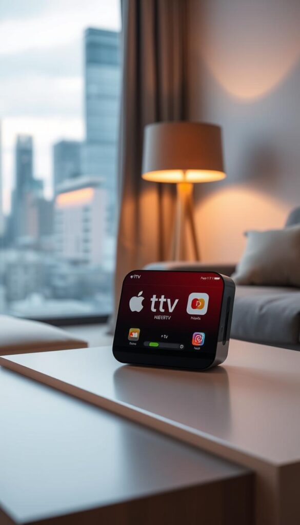 A cozy living room setting with a sleek Apple TV device prominently displayed on a modern entertainment center. The device's interface showcases the IPTVANBIETERTV app, its icon and user interface elements rendered in a clean, minimalist style. Soft lighting from a nearby floor lamp casts a warm glow, creating a inviting and user-friendly atmosphere. The background features a subtly blurred cityscape outside a large window, hinting at the global connectivity and content availability of the IPTV service. The overall composition conveys the ease and convenience of setting up and using the IPTVANBIETERTV app on the Apple TV platform.