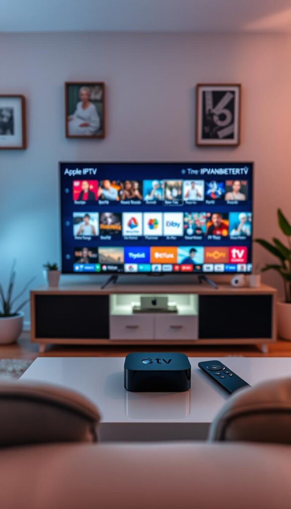 A cozy living room setup featuring an Apple TV device prominently displayed on a modern entertainment center. The TV screen shows a diverse selection of IPTV channels from IPTVANBIETERTV, offering a comprehensive entertainment experience. Soft ambient lighting creates a welcoming atmosphere, complemented by tasteful home decor elements such as potted plants and minimalist artwork. The room conveys a sense of comfort and technological integration, inviting the viewer to imagine themselves enjoying the vast IPTV content library on their Apple TV.