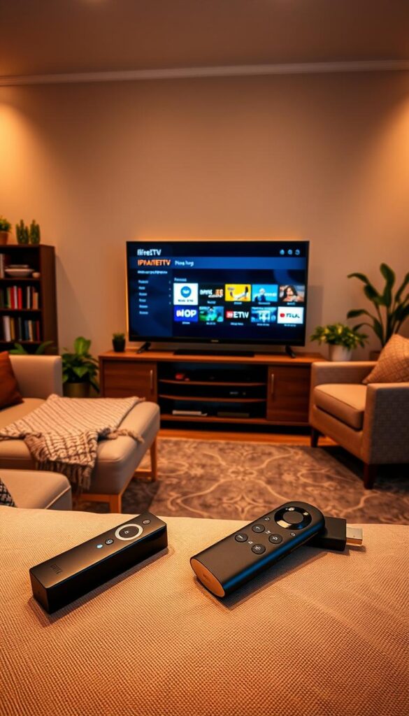 A cozy living room setup with a Firestick connected to a modern flat-screen TV, displaying the IPTVANBIETERTV service. The room is well-lit, with soft, warm lighting creating a welcoming atmosphere. In the foreground, a comfortable sofa and armchair invite viewers to relax and enjoy the entertainment. On the coffee table, a remote control and a sleek Firestick device are visible, highlighting the convenience of the IPTV subscription. The background features bookshelves, plants, and other decor elements that suggest a refined, homely environment. The overall scene conveys the benefits of an IPTV subscription on a Firestick, including the ease of use, wide content selection, and the comfort of enjoying it in a personal living space.