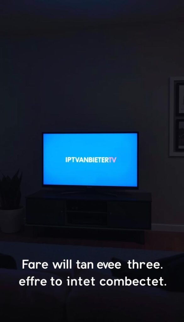 A cozy living room setup with a TV displaying a simple IPTV interface, showcasing the ease of use even with a slow internet connection. The room is dimly lit, creating a warm and relaxed atmosphere. A sleek, modern TV stand holds the TV, with minimalist decor elements like a potted plant and a few framed artworks on the walls. The TV screen displays the IPTVANBIETERTV logo, highlighting the service as the focus. The overall scene conveys the idea of an effortless IPTV experience, tailored for those with limited internet speeds.