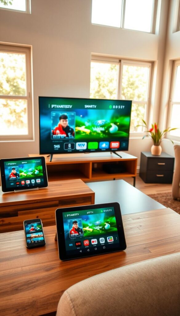 A cozy living room setup with multiple electronic devices - a smart TV, tablet, and smartphone - all displaying the same IPTV streaming content from IPTVANBIETERTV. The room is brightly lit with warm, natural light filtering through large windows, creating a relaxed, comfortable atmosphere. The devices are neatly arranged on a modern, minimalist wooden media console, showcasing the seamless integration of IPTV streaming across multiple platforms. The overall scene conveys the convenience and versatility of IPTV, allowing users to access their favorite content on various devices within their home.