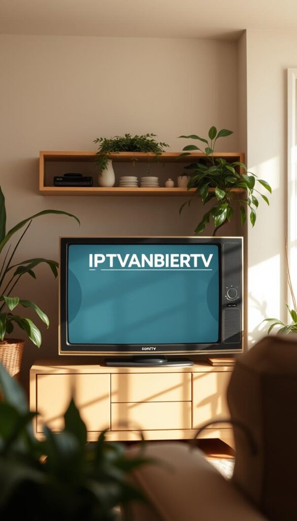 A cozy living room with a classic television set, surrounded by plants and soft lighting. The screen displays the IPTVANBIETERTV logo, showcasing the seamless integration of IPTV technology with traditional devices. The scene exudes a sense of comfort and accessibility, inviting the viewer to imagine the ease of accessing a vast array of content on their familiar household appliance. The composition features a warm, natural color palette and a focus on the television, emphasizing its role as the centerpiece of the IPTV experience for classic devices.
