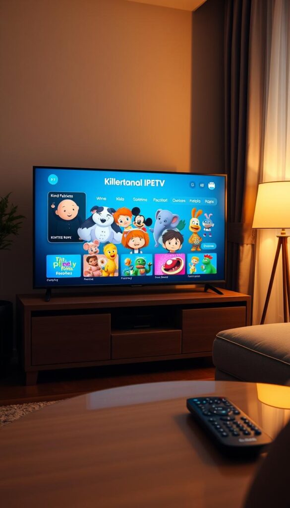 A cozy living room with a flat-screen TV displaying the IPTV Kinderkanal Paket interface, showcasing vibrant animated characters from popular children's shows. The room is bathed in soft, warm lighting, creating a welcoming and family-friendly atmosphere. On the coffee table, a IPTVANBIETERTV remote control is visible, hinting at the convenience of accessing the curated children's content. The overall scene conveys the comfort and enjoyment of having a dedicated IPTV package for families with kids.