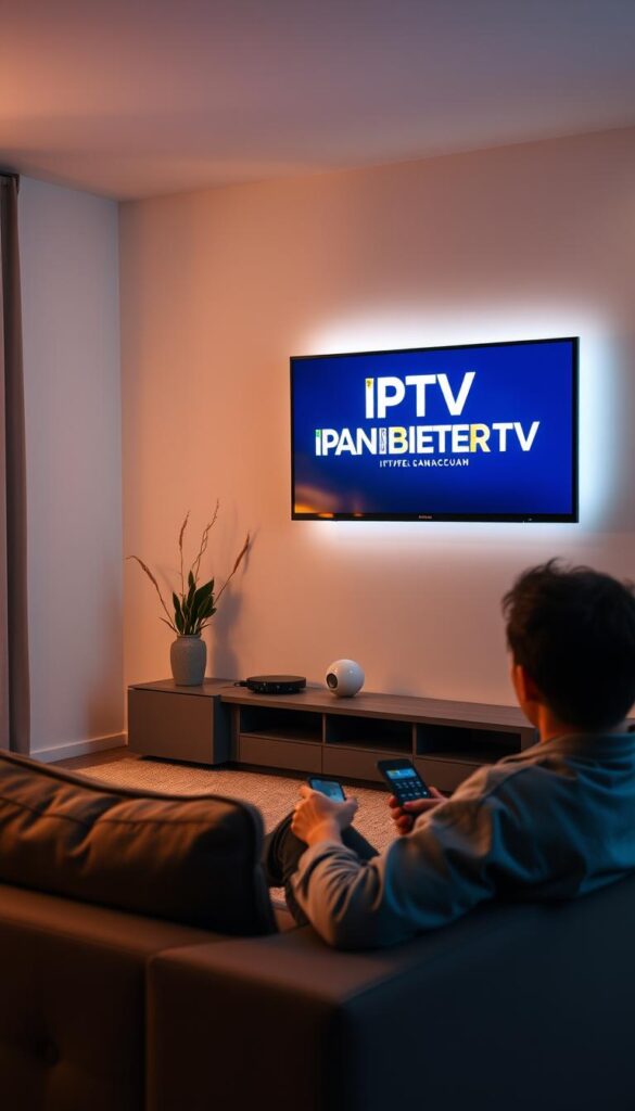 A cozy living room with a flat-screen TV on the wall, displaying the "IPTVANBIETERTV" logo. Warm lighting sets a relaxed atmosphere as a person sits comfortably on a plush sofa, remote in hand, immersed in a seamless IPTV streaming experience. The room is adorned with minimal decor, allowing the TV to take center stage. The scene conveys the convenience and accessibility of IPTV, showcasing how it can transform a simple living space into a hub for entertainment and content consumption.