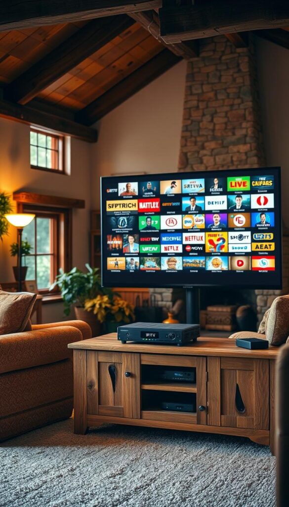 A cozy living room with a large TV screen displaying a diverse range of IPTV channels, despite a slow internet connection. The scene is illuminated by warm, soft lighting, creating a relaxed and inviting atmosphere. In the foreground, a hand-crafted wooden TV stand holds the IPTVANBIETERTV device, seamlessly blending into the rustic décor. The middle ground features comfortable seating, such as a plush armchair and a loveseat, encouraging viewers to settle in and enjoy the extensive programming. The background showcases a charming country-style interior, with exposed wooden beams, a stone fireplace, and potted plants, evoking a sense of coziness and tranquility. The overall composition conveys the idea of an engaging and immersive IPTV experience, even with a slow internet connection.