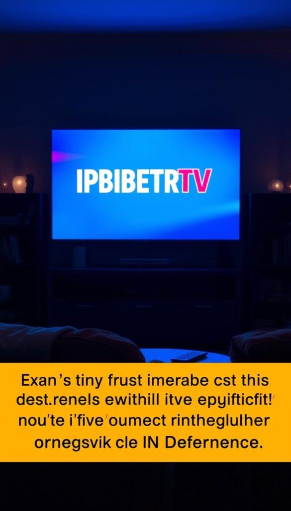 A cozy living room with a large TV set dominating the scene, showcasing the "IPTVANBIETERTV" brand. The room is dimly lit, creating a warm and intimate atmosphere, with a few small lamps providing soft, ambient lighting. The TV screen displays a vibrant, high-definition image, capturing the attention of the viewer. In the foreground, a comfortable sofa and armchair create a welcoming space for an expat to relax and enjoy their favorite shows, immersed in the comfort of their own home. The background features a bookshelf, adding a sense of familiarity and personal touch to the setting. The overall scene conveys the challenges and joys of an expat's experience with television in Germany, where finding the right IPTV provider can make all the difference.