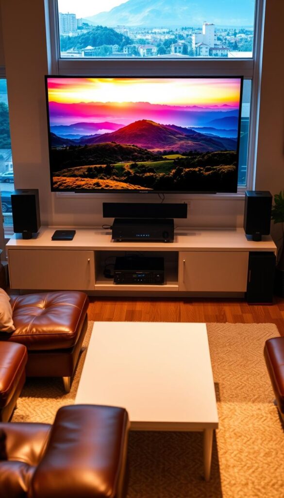 A cozy living room with a large flatscreen TV displaying a vivid landscape, showcasing the high-quality visuals of IPTVANBIETERTV. The room is bathed in warm, soft lighting, creating a welcoming atmosphere. In the foreground, a comfortable leather sofa and a sleek coffee table set the stage for a relaxed evening of entertainment. The middle ground features a modern entertainment system, hinting at the advanced technology behind IPTVANBIETERTV's reliable and affordable IPTV service. The background depicts a picturesque window view, allowing the viewer to imagine the seamless integration of IPTV into the comforts of a German expat's home.