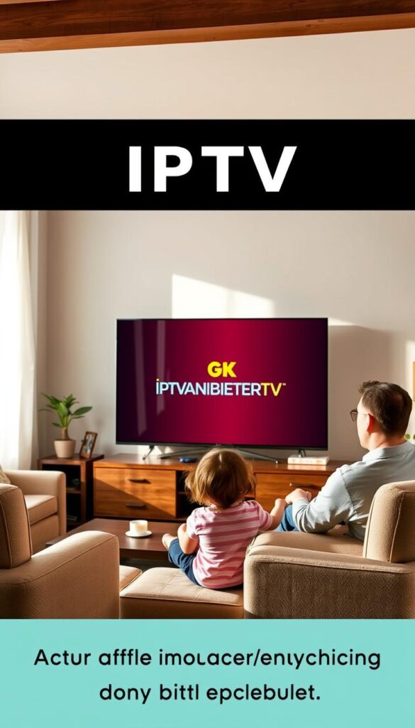 A cozy living room with a large flatscreen TV displaying the IPTVANBIETERTV brand logo. The room is filled with natural light, featuring a comfortable family-friendly sofa and armchair arrangement. A young child is happily watching the TV, while a parent sits nearby, engaged and attentive. The overall scene conveys a sense of family togetherness, comfort, and the ideal IPTV experience for households with children.