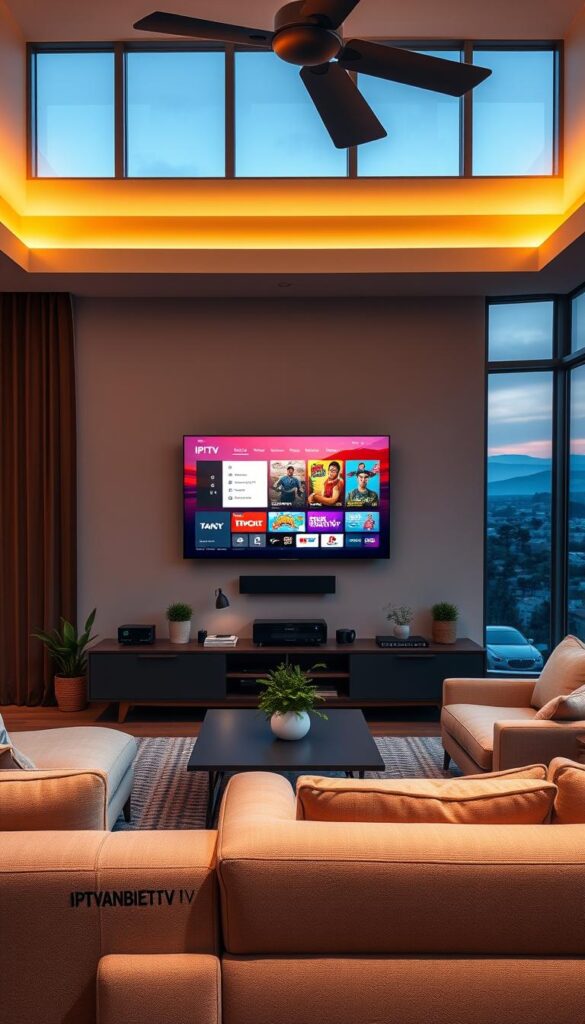 A cozy living room with a large flatscreen TV mounted on the wall, displaying a vibrant and immersive IPTV interface. Soft, warm lighting creates a comfortable ambiance, and a modern entertainment center houses various media devices. IPTVANBIETERTV branding is tastefully integrated into the scene. In the foreground, a plush sofa and armchair invite viewers to sit back and enjoy their favorite shows and movies in stunning 4K quality. The middle ground features a minimalist coffee table and potted plants, while the background showcases large windows overlooking a picturesque outdoor landscape. The overall mood is one of relaxation, entertainment, and the seamless integration of technology into the home environment.